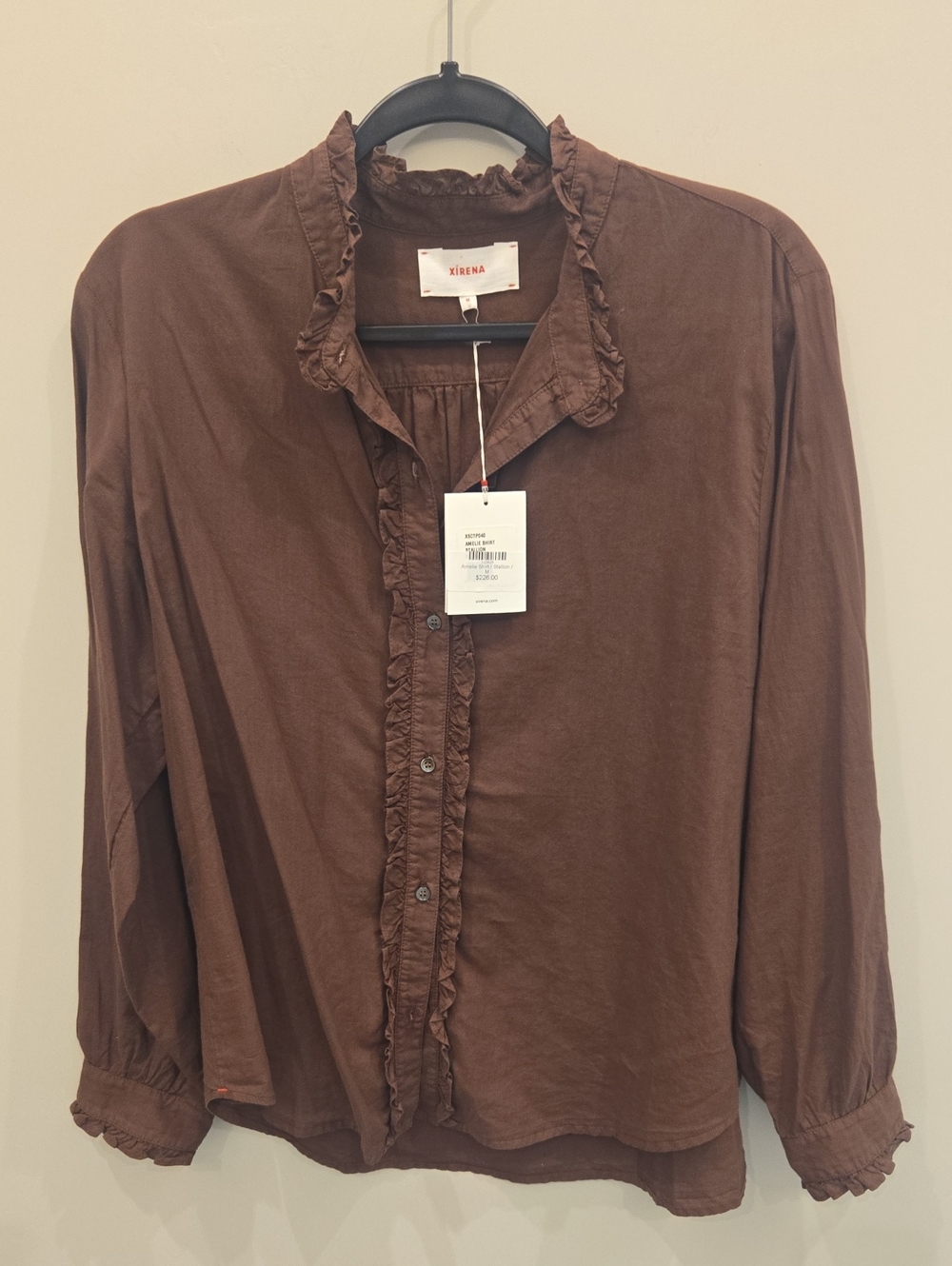 NWT XiRENA Brown Ruffle-Trim Button Down Amelie Shirt. Size Medium.